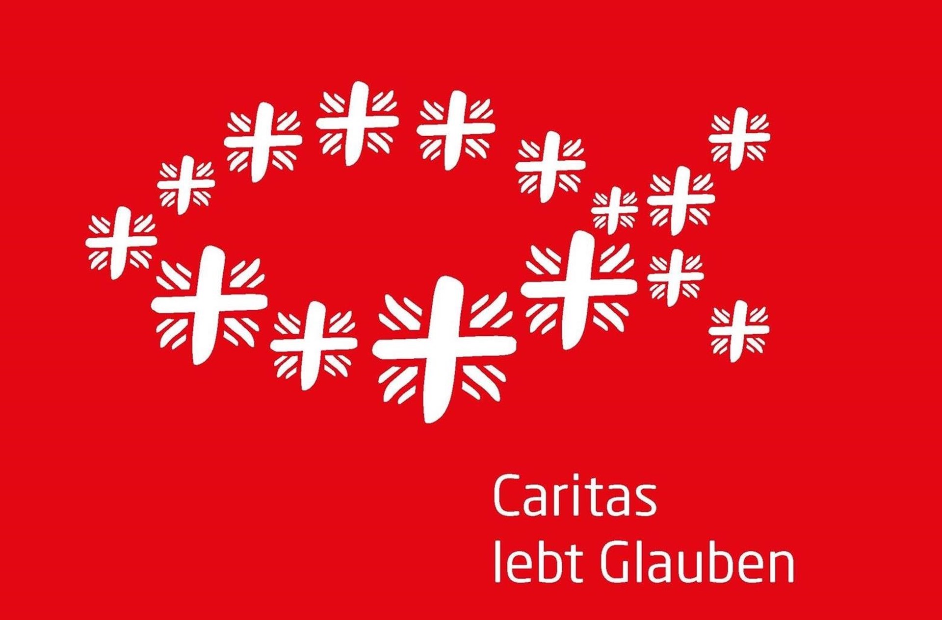 Fisch-Symbol aus weißen Flammkreuzen auf rotem Grund